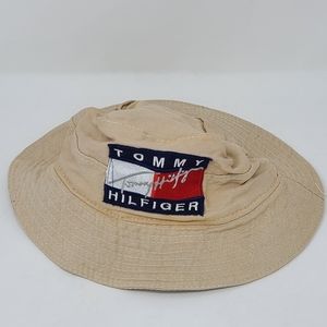 Vintage 90s Tommy Hilfiger Youth Kids Bucket Hat Tan Flag Logo Spellout